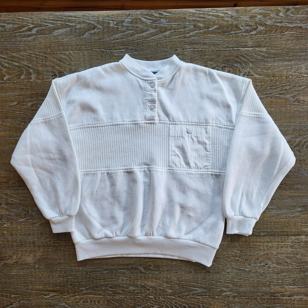 Vintage Triples White Henley Sweatshirt Mens Medium Ribbed Mixed Media Pocket